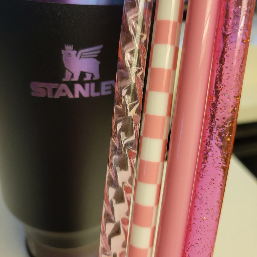 Matte PiNK Checkered print-Neon glitter-shiny straw set-spring break 12” 10mm